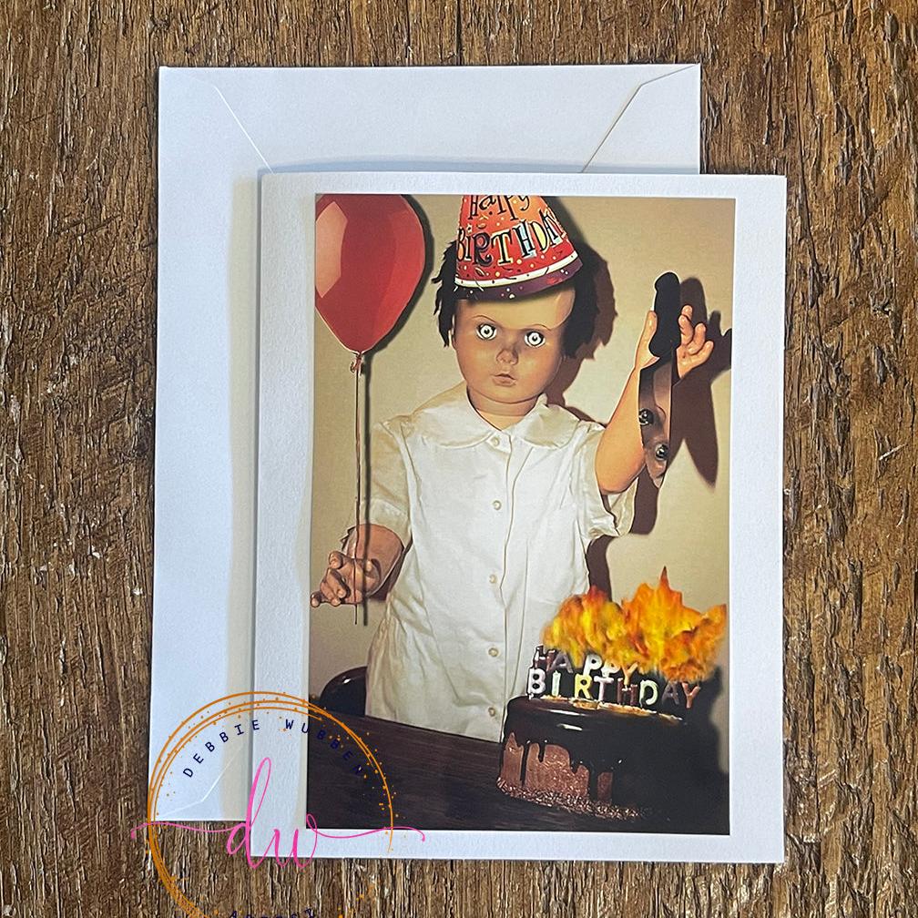 Creepy Birthday Card, Cake on Fire