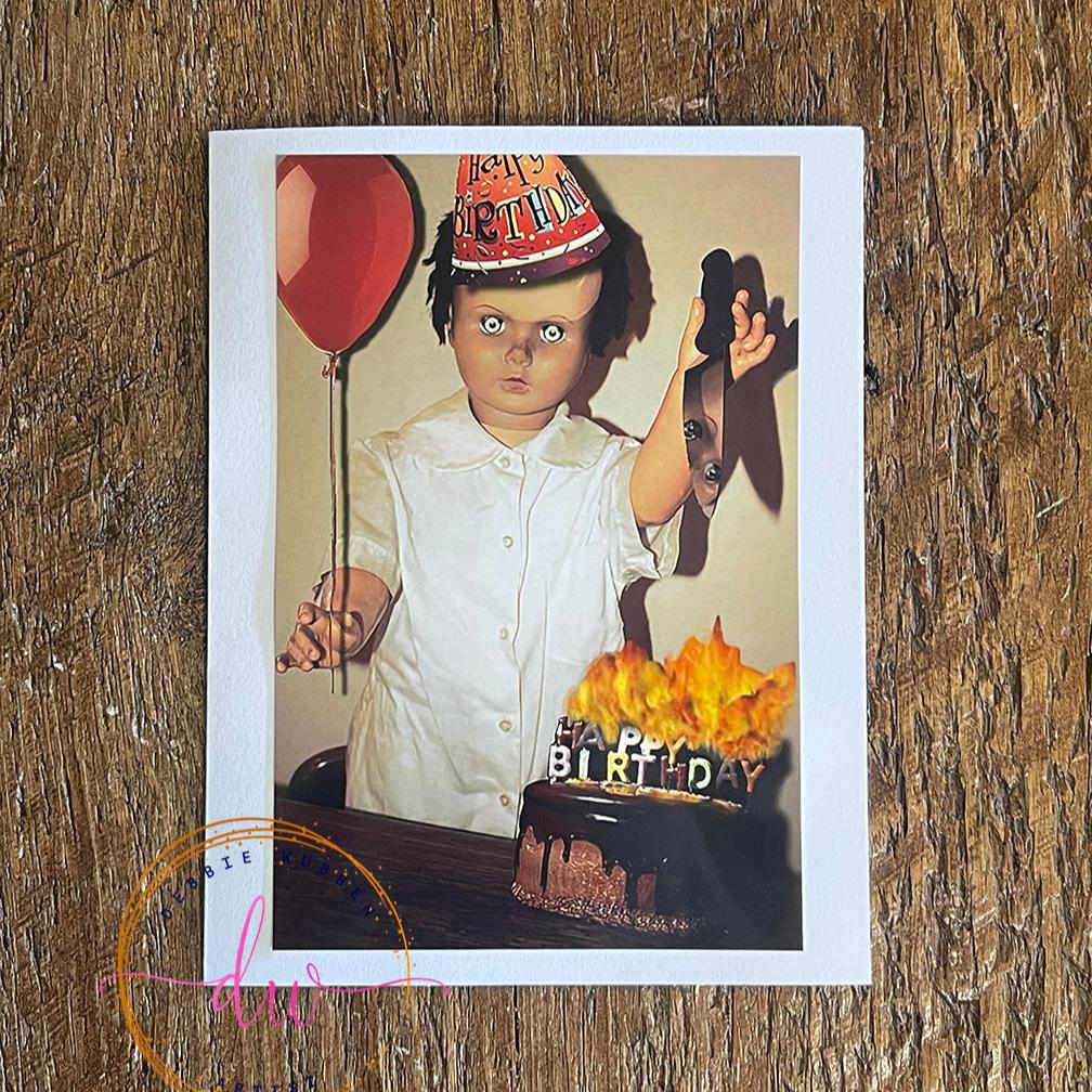 Creepy Birthday Card, Cake on Fire